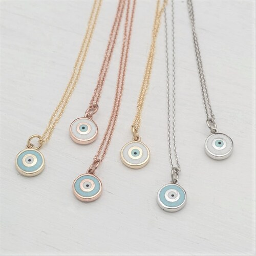 Tiny Evil Eye Necklace Solid Gold shops | White or Blue Enamel Pendant | 14k yellow rose or white gold