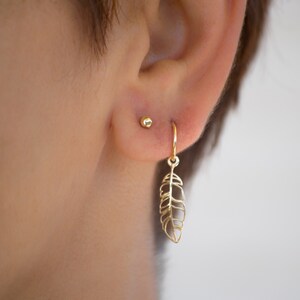 Hoop Earring with feather in 14k Solid Gold Single or Pair Unisex for him for her Gift Valentine dayElegant Earrings Timeless 14k white gold