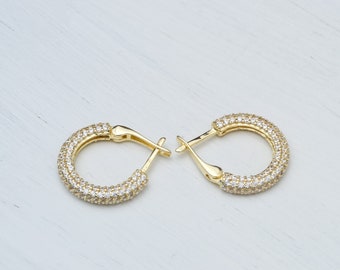 Hoop Earrings in 14k Solid Gold / CZ Diamond Gemstone Earrings / Wedding Jewelry / Huggie Earrings