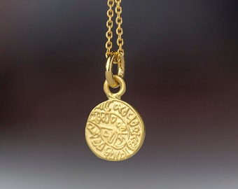 Tiny Solid Gold Phaistos Disc Necklace / 14k Ancient Greek Coin Charm / Layering Bridal Pendant