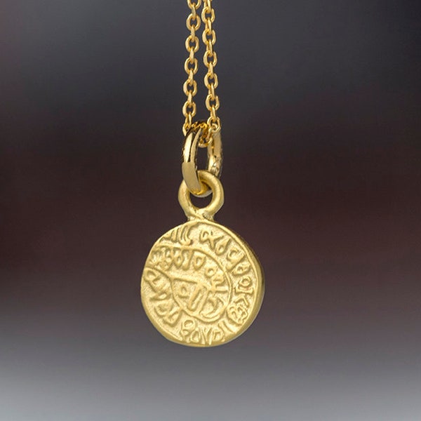 Tiny Solid Gold Phaistos Disc Necklace / 14k Ancient Greek Coin Charm / Layering Bridal Pendant