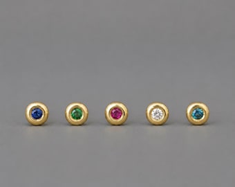 Tiny Solid Gold Gemstone Stud: Single Minimalist Earring, diamond, 9k 14k 18k 207H-S