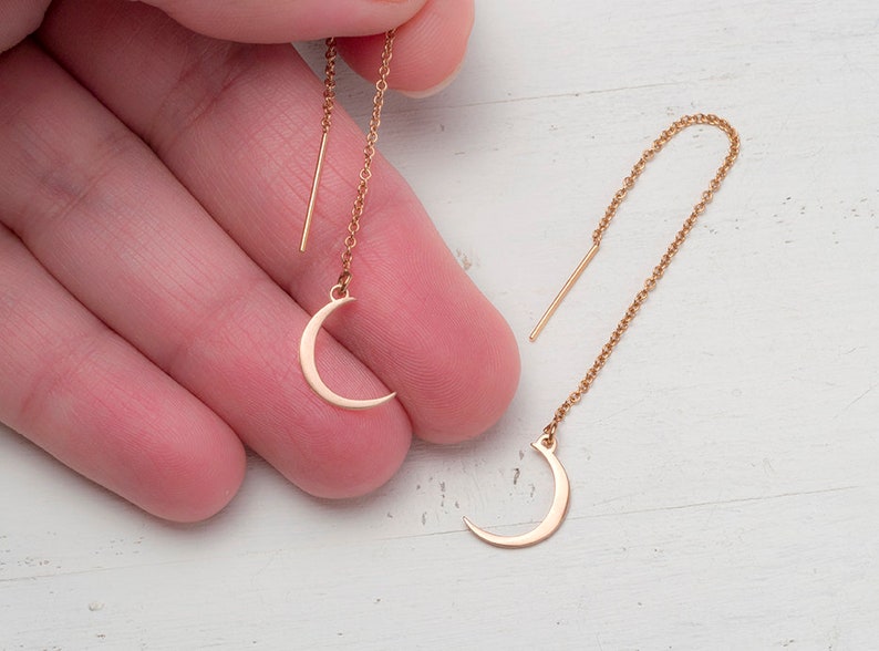 Long Solid Gold Crescent Moon Earrings Ear Threader Bar Dangle Etsy