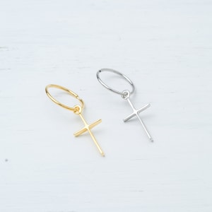 Hoop Earring with cross in 14k / Solid Gold Single or Pair / Unisex Dangle Earrings image 10