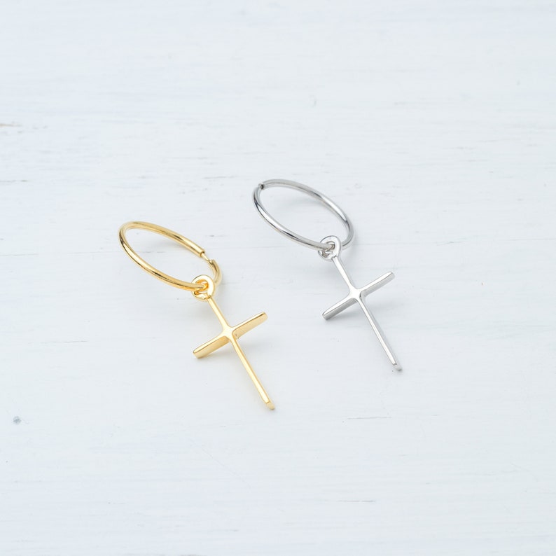 Hoop Earring with cross in 14k / Solid Gold Single or Pair / Unisex Dangle Earrings image 10