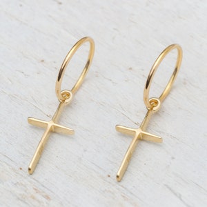 Hoop Earring with cross in 14k / Solid Gold Single or Pair / Unisex Dangle Earrings image 4