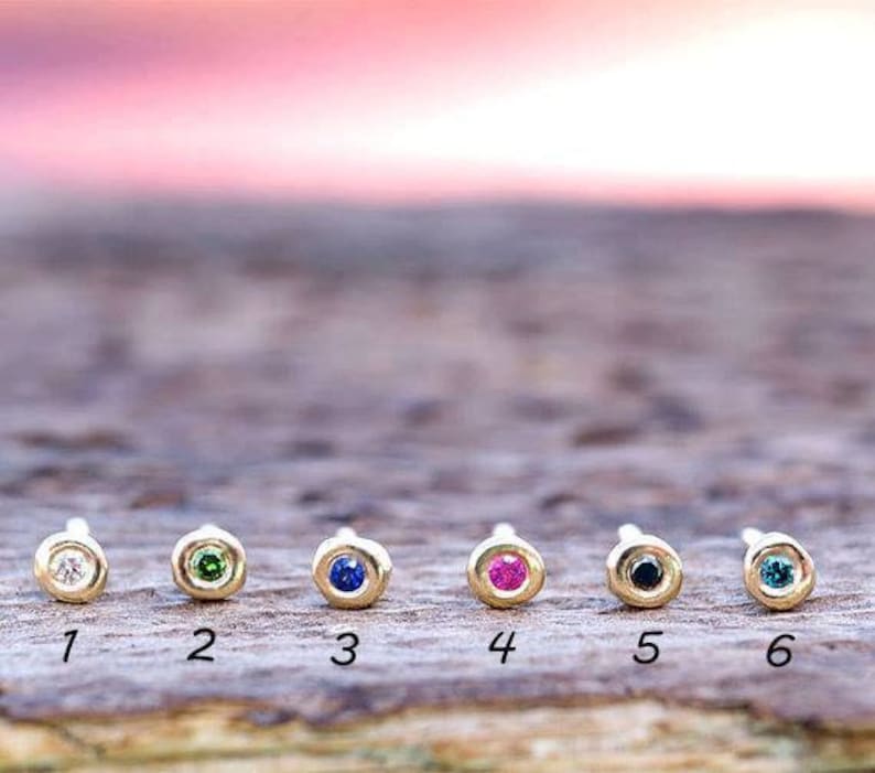 Extra Tiny Solid Gold Pebble Earrings with precious stones / Ruby, Sapphire or Diamond / Minimal Everyday Studs image 4