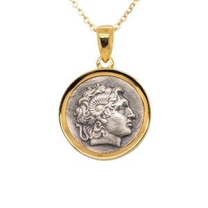 Alexander the Great Coin Necklace in Solid Gold and Sterling Silver / Ancient Greek Historic Pendant / Unisex Gift