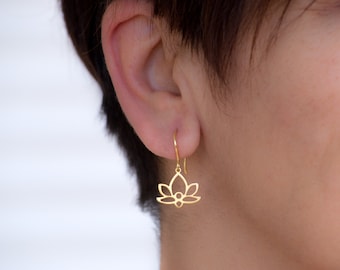 Lotus Dangle Earrings in Solid Gold / Rose, White, Yellow Flower Charm / Elegant Yoga, Boho Earrings / Plant Lover Gift
