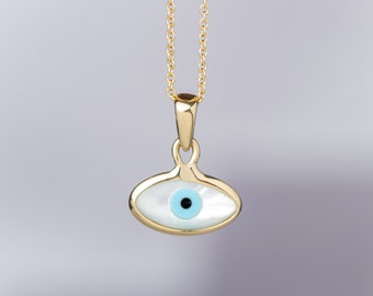 Evil Eye Necklace in 14k Solid Gold  / White Mop Pendant /  Wedding Jewelry