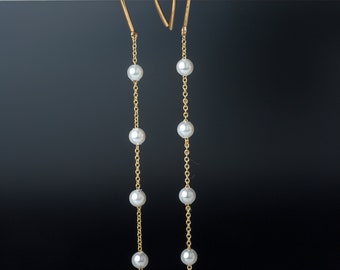 Solid Gold Pearl Dangle Earrings / Elegant drop earrings / 9k, 14k or 18k / Fine Jewellery / Gift for mom