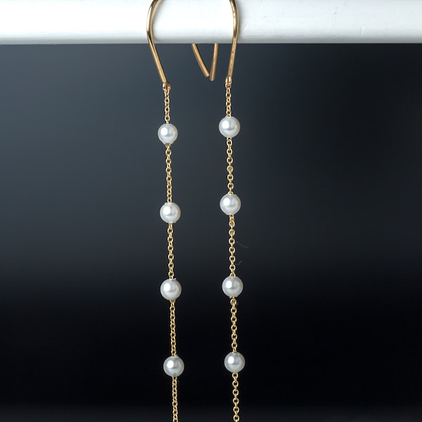 Solid Gold Pearl Dangle Earrings / Elegant drop earrings / 9k, 14k or 18k / Fine Jewellery / Gift for mom