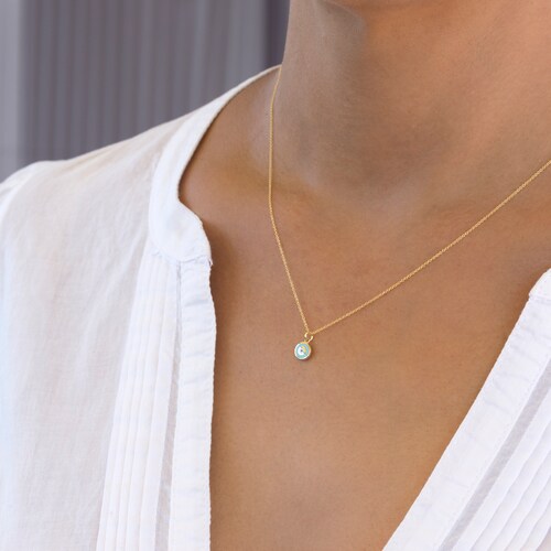Tiny Evil Eye Necklace Solid Gold shops | White or Blue Enamel Pendant | 14k yellow rose or white gold