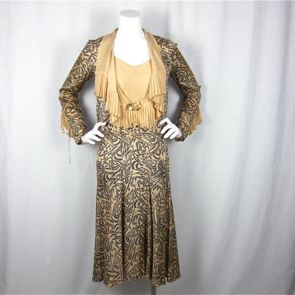 Vintage 1920's Silk Deco Print Dress, Sz M
