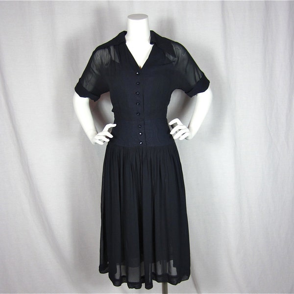 Vintage 40s 50s Sheer Navy Dress, Sz L