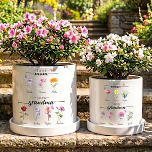 Könnte beinhalten: Zwei weiße Keramik-Blumentöpfe mit rosa und weißen Blütenpflanzen. Die Töpfe tragen die Aufschrift "first mom" und "now grandma" mit Namen und Blumenillustrationen. Die Töpfe stehen auf weißen Untertassen.