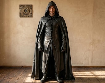 Real Leather Gothic Hooded Cloak Dark Fantasy Cosplay Cape Halloween Cloak Leather Gift For Men Vampire Assassin Robe for LARP Medieval