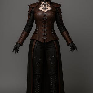May include: A gothic-inspired ensemble featuring a brown leather corset-style top with buckle details, paired with black pants and a long black skirt. The outfit includes a wide-brimmed hat, choker, and lace-up boots, creating a dark, elegant aesthetic.