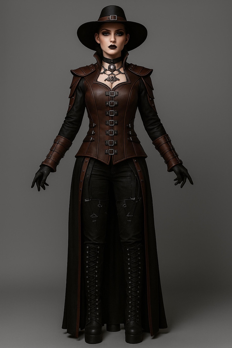May include: A gothic-inspired ensemble featuring a brown leather corset-style top with buckle details, paired with black pants and a long black skirt. The outfit includes a wide-brimmed hat, choker, and lace-up boots, creating a dark, elegant aesthetic.