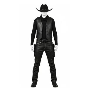 May include: A black cowboy outfit, comprising a hat, waistcoat, long-sleeved top, and trousers. The waistcoat is leather, and the trousers have holsters. The ensemble is displayed on a mannequin against a white backdrop.
