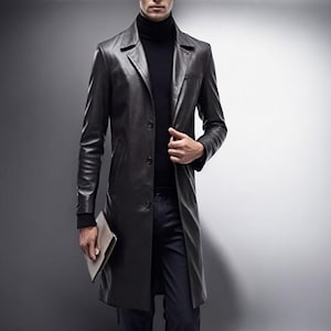Handmade Genuine Real Cow Leather Long Trench Coat For Men&#39;s Duster Coat Classic  Gift For Him New Fashion Coat Black Long Coat For Boys