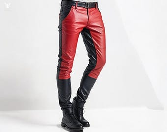 Handmade Red and Black Leather Pants for Men Slim Fit Biker Trousers, Two-Tone Festival & Cosplay Streetwear