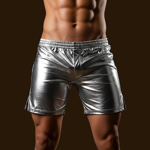 May include: Silver metallic shorts with a drawstring waist.