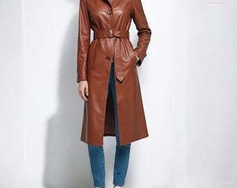 Handmade Genuine Real Cow Leather Women Long Brown Coat New Fashion Coat Trench Design Coat Brown Long Leather Coat For women Gift For Him