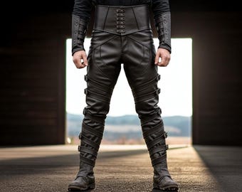 Medieval Warrior Leather Pants – High Waist Strapped Leg Armor Cosplay Trousers for Ren Faire & Fantasy Events Pants - Real Leather Pants
