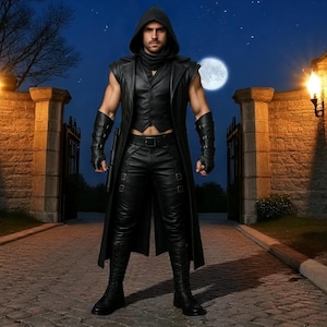 Peut inclure: Une personne vêtue d'un gilet à capuche noir, d'un pantalon en cuir et de bottes, debout sur un chemin pavé. La personne porte des gants noirs et un gilet noir. L'arrière-plan présente une pleine lune et un mur en pierre avec une porte.
