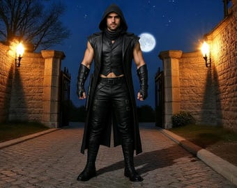Handmade Leather Assassin Costume: Hooded Cloak, Vest, Pants & Bracers