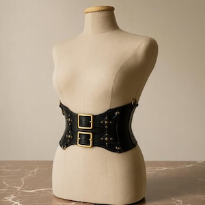 Black Leather Corset Belt: Steampunk Gothic Waist Cincher with Brass Buckles
