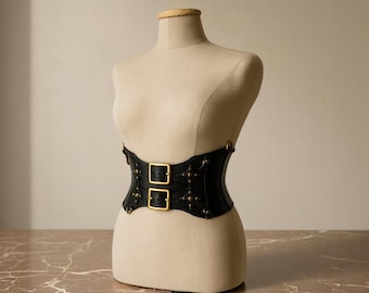 Svart läderkorsettbälte: Steampunk gotisk midjeband med mässingsspännen