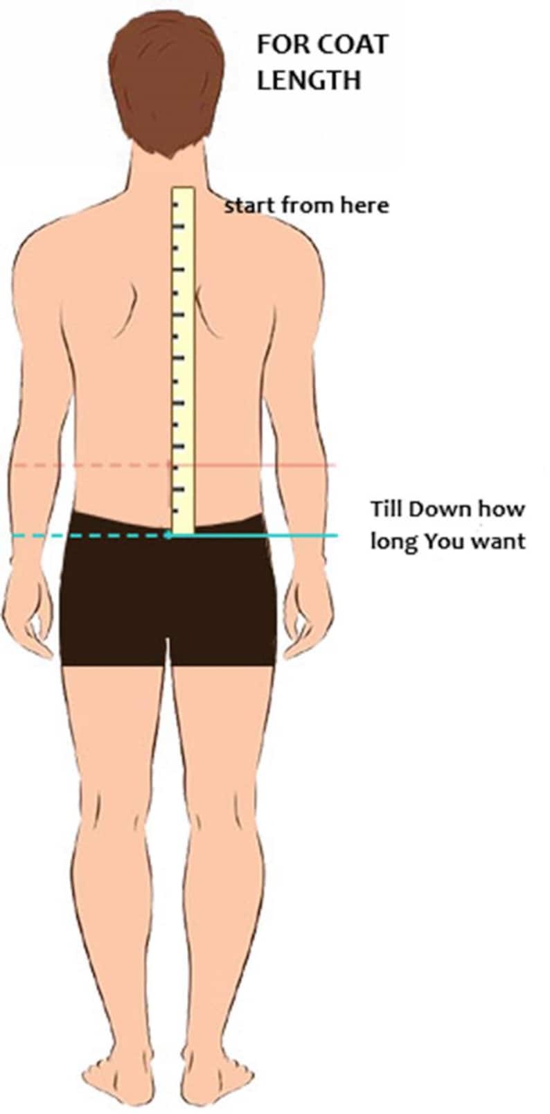 May include: Illustration showing how to measure coat length. Start measuring from the base of the neck and measure down to the desired length.