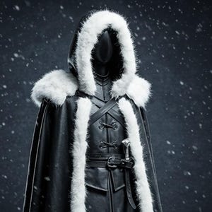 May include: A black leather hooded cloak with a white fur trim. The cloak has a belt and a silver buckle. The hood is pulled up and the face is not visible.