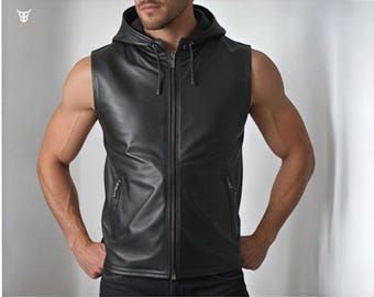 May include: A black leather sleeveless vest with a zipper closure and a hood. The vest has two pockets on the front.