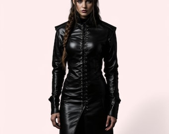 May include: A black leather dress with a lace-up front and long sleeves. The dress has a high neckline and a fitted silhouette.