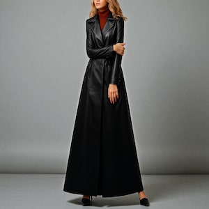 ジャケット・アウター real leather maxi long coat BLACK Alaska Women's 100 % Real Black Leather Classic Long Coat