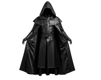 Gothic Assassin Hooded Leather Cloak | Medieval Cosplay Cape for Halloween, LARP, Renaissance Faire, Witcher & Fantasy Costume