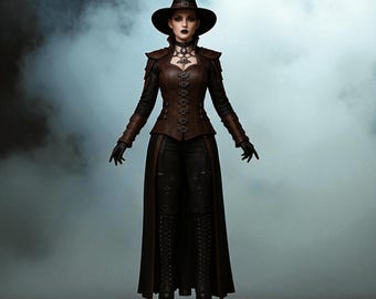 Könnte beinhalten: Eine Person in einem gothisch inspirierten Outfit. Sie trägt einen schwarzen Hut, ein braunes Oberteil im Korsettstil aus Leder und einen langen schwarzen Rock. Das Outfit umfasst schwarze Handschuhe und Stiefel. Eine silberne Halskette ist sichtbar. Der Hintergrund ist rauchig, blau-grau.