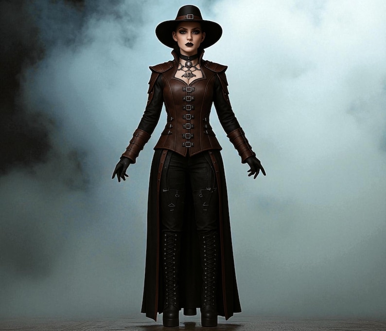 May include: A woman in a gothic-inspired outfit. She wears a black hat, a brown leather corset-style top, and a long black skirt. The outfit includes black gloves and boots. A silver necklace is visible. The background is a smoky, blue-gray.