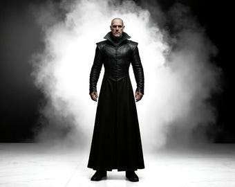 May include: A person wearing a long, black leather coat with a high collar, standing in front of a smoky background. The coat has a fitted bodice and long sleeves. The person is bald and has a serious expression.