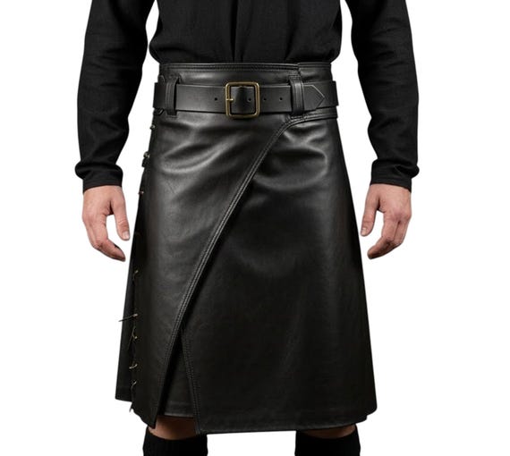 Men’s Black Leather Kilt | Modern Wrap Leather Skirt | Gothic Pleated Utility Kilt for Men | Warrior Celtic Style Handmade Leather Kilt