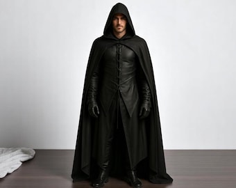 Real Leather Gothic Hooded Cloak Dark Fantasy Cosplay Cape Halloween Cloak Leather Gift For Men Vampire Assassin Robe for LARP Medieval