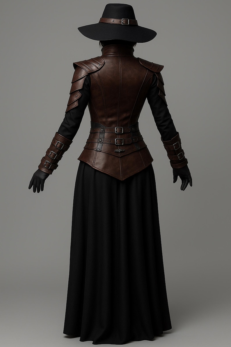 May include: A brown leather-like vest with shoulder armor and multiple buckles, worn over a black long-sleeved top and a long black skirt. The outfit includes a wide-brimmed black hat and black gloves. The overall style is reminiscent of fantasy or historical attire.