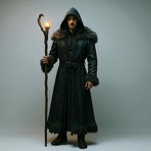 Hooded Druid Cloak with Fur Trim in Black Leather – Handmade Forest Robe for Cosplay, Ren Fair, LARP & Fantasy Costume Events