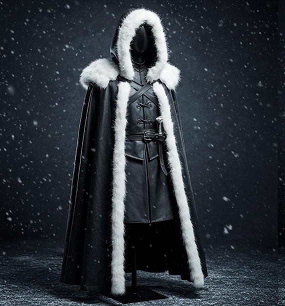 Warrior Black Leather Cloak with Fur Medieval Hooded Cape | Game of Thrones Cosplay Outfit Fantasy Renaissance Faire Cloak Leather Costume