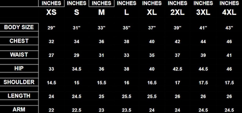 May include: A size chart for clothing in inches, showing measurements for chest, waist, hip, shoulder, length, and arm for sizes XS through 4XL.