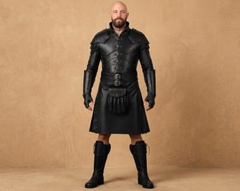 Gothic Medieval Armor Outfit with Sporran and Gauntlets for Halloween Cosplay-Handmade Black Leather Warrior Kilt Costume for Men