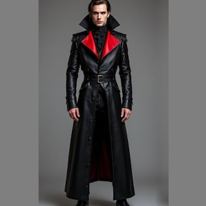 Real Leather Men&#39;s Black & Red Long Coat&quot; Gothic Vampire Trench Coat | | Victorian Steampunk Cosplay | Gothic Punk Rock Outfit